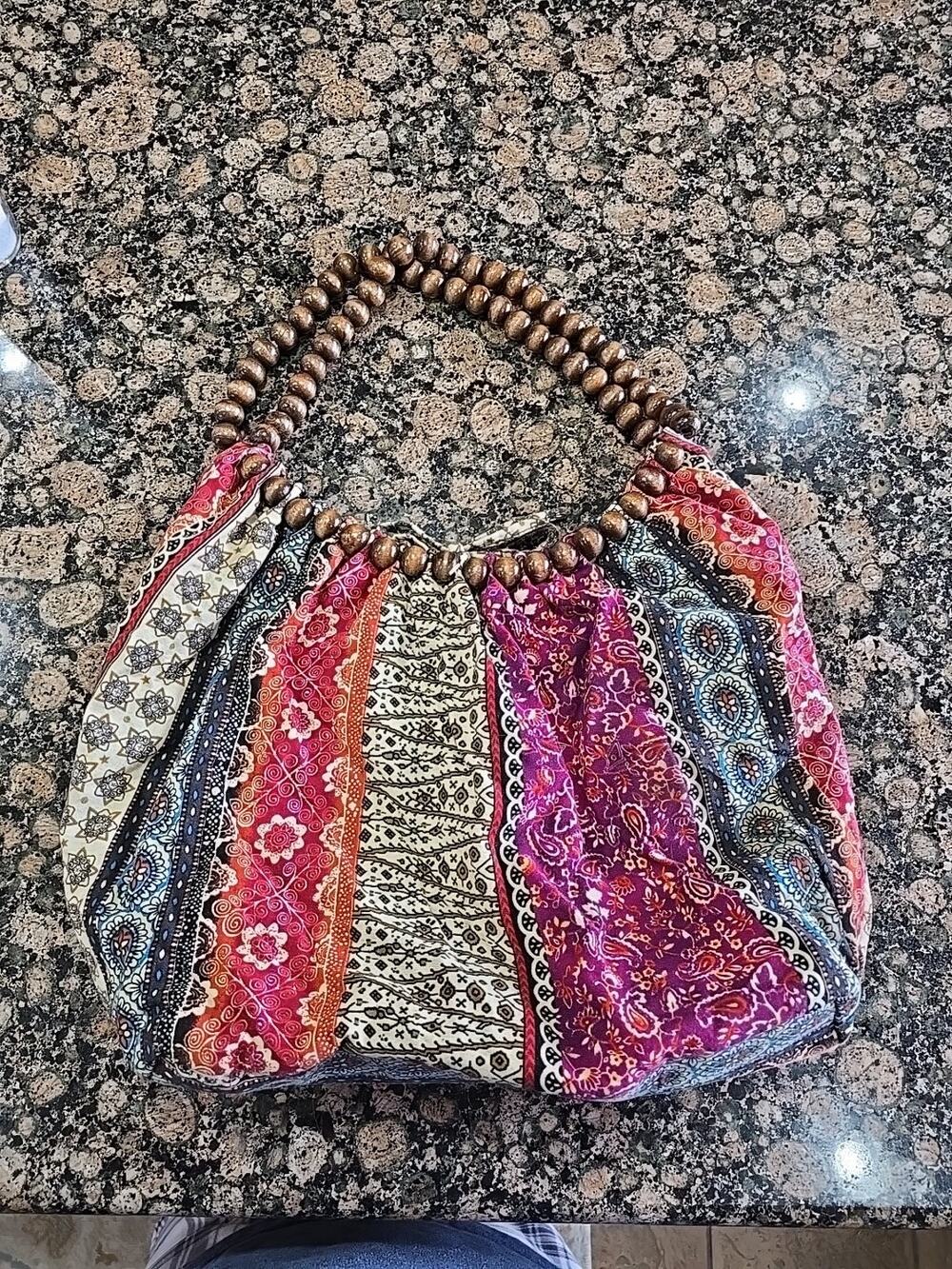 AMC Accessories Woman’s Beaded Boho wood bead handles floral bag Purse